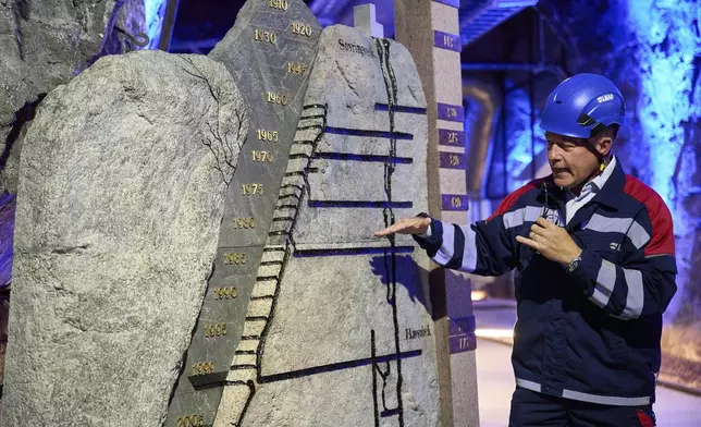 Darren Wilson, LKAB's senior vice president of special products, gestures next to a model of existing mines, in Kiruna, Sweden, Monday, Aug. 18, 2025. (AP Photo/Malin Haarala)