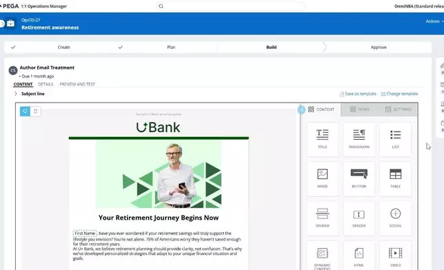 New email authoring tool in Pega Customer Decision Hub features drag-and-drop editing, professional templates, and integrated image support via Message Stream.
