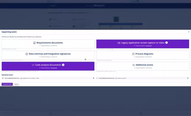 Streamline legacy discovery by dropping in assets that jumpstart Pega Blueprint design—including demo videos, requirements docs, process diagrams, and more.