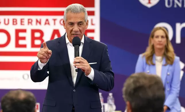 Republican Jack Ciattarelli responds to questions during the first general election gubernatorial debate with Democrat Mikie Sherrill, Sunday, Sept. 21, 2025, in Lawrenceville, N.J. (AP Photo/Noah K. Murray)