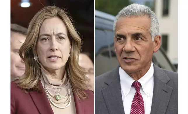 This combination photo shows Rep. Mikie Sherrill, D-N.J., on Capitol Hill, Feb. 13, 2024, in Washington, left, and Republican candidate for Governor Jack Ciattarelli, Sept. 4, 2025, in Garfield, N.J. (AP Photo)