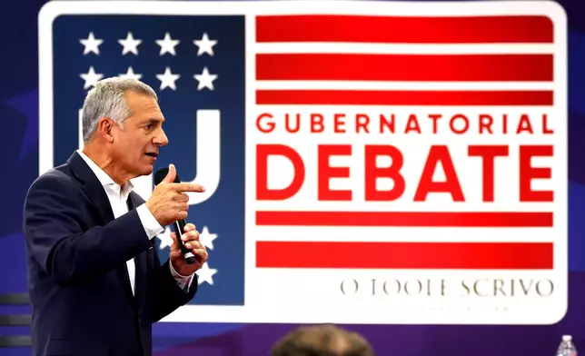 Republican Jack Ciattarelli responds to questions during the first general election gubernatorial debate with Democrat Mikie Sherrill, Sunday, Sept. 21, 2025, in Lawrenceville, N.J. (AP Photo/Noah K. Murray)