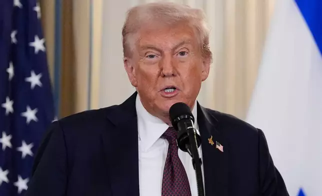 President Donald Trump speaks during a news conference with Israel's Prime Minister Benjamin Netanyahu in the State Dining Room of the White House, Monday, Sept. 29, 2025, in Washington. (AP Photo/Alex Brandon)