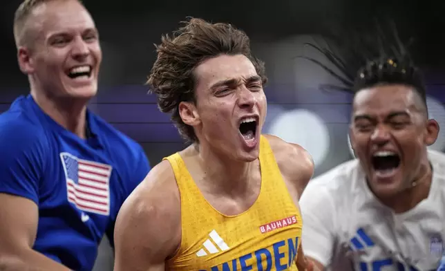 Sweden's Armand Duplantis celebrates with United States' Sam Kendricks and Greece's Emmanouil Karalis after making a clearance to break the world record after winning gold in the men's pole vault final at the World Athletics Championships in Tokyo, Monday, Sept. 15, 2025. (AP Photo/Louise Delmotte)