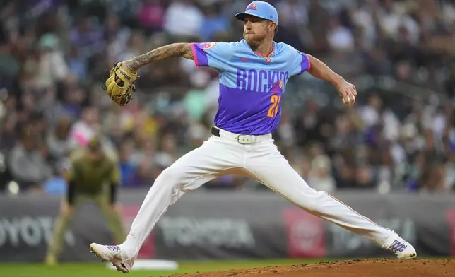 Colorado Rockies' starting pitcher Kyle Freeland throws to the plate against the San Diego Padres during the second inning of a baseball game Friday, Sept. 5, 2025, in Denver. (AP Photo/Jack Dempsey)