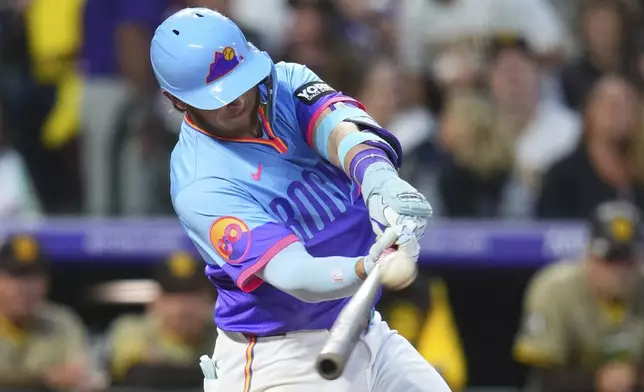 Colorado Rockies' Hunter Goodman hits a solo home run against the San Diego Padres during the third inning of a baseball game Friday, Sept. 5, 2025, in Denver. (AP Photo/Jack Dempsey)