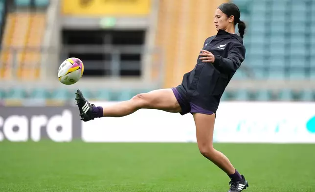 New Zealand's Braxton Sorensen-McGee during the team run at the Allianz Stadium, London, Friday Sept. 26, 2025, a day ahead of facing France in the third-place play-off match of the Women's Rugby World Cup. (Ben Whitley/PA via AP)