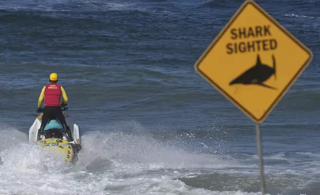 A surf lifesaver patrols a beach on a jetski following a fatal shark attack at Dee Why Beach in Sydney, Australia, Saturday, Sept. 6, 2025. (AP Photo/Mark Baker)