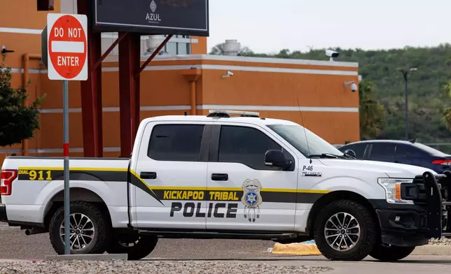 A Kickapoo Tribal police truck is parked in front of the entrance to Kickapoo Lucky Eagle Casino in Eagle Pass, Texas, Monday, Sept. 29, 2025, after a deadly shooting at the casino late Saturday night. (Sam Owens/The San Antonio Express-News via AP)