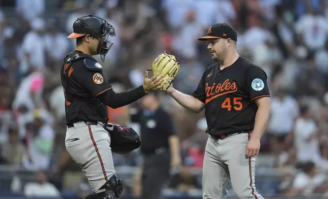 Baltimore Orioles relief pitcher Keegan Akin (45) celebrates with catcher Alex Jackson after the Orioles defeated the San Diego Padres 4-3 in a baseball game Monday, Sept. 1, 2025, in San Diego. (AP Photo/Gregory Bull)