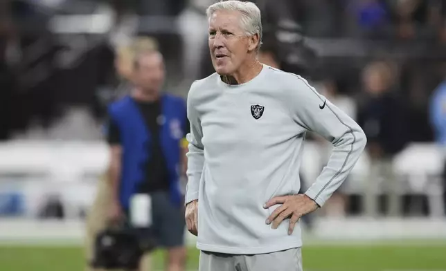 Las Vegas Raiders head coach Pete Carroll watches before an NFL football game between the Las Vegas Raiders and the Los Angeles Chargers, Monday, Sept. 15, 2025, in Las Vegas. (AP Photo/Rick Scuteri)