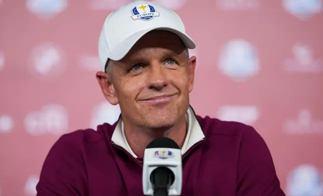 Europe captain Luke Donald speaks during a news conference at the Ryder Cup golf tournament, Thursday, Sept. 25, 2025, on the Bethpage Black golf course, in Farmingdale, N.Y. (AP Photo/Matt Slocum)