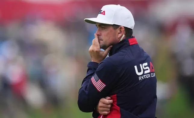United States captain Keegan Bradley watches during a practice round at the Ryder Cup golf tournament, Thursday, Sept. 25, 2025, on the Bethpage Black golf course, in Farmingdale, N.Y. (AP Photo/Matt Slocum)