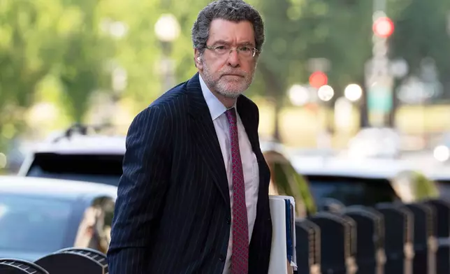 Norm Eisen, attorney of Lisa Cook, a governor on the Federal Reserve Board, arrives at the federal courthouse in Washington, Friday, Aug. 29, 2025. (AP Photo/Jose Luis Magana)