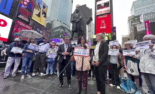 Casino opponents rally in Times Square on Wednesday, Sept. 17, 2025. (AP Photo/Philip Marcelo)