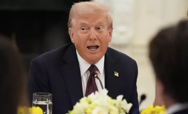 President Donald Trump speaks during a dinner in the State Dinning Room of the White House, Thursday, Sept. 4, 2025, in Washington. (AP Photo/Alex Brandon)