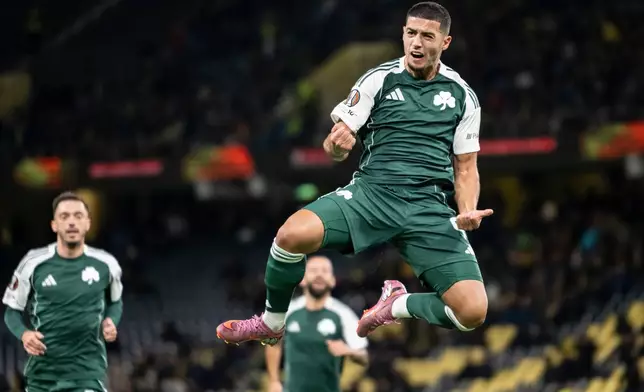 Panathinaikos' Anass Zaroury celebrates scoring during the Europa League soccer match between BSC Young Boys and Panathinaikos FC, at the Wankdorf stadium, in Bern, Switzerland, Thursday, Sept. 25, 2025. (Alessandro della Valle/Keystone via AP)