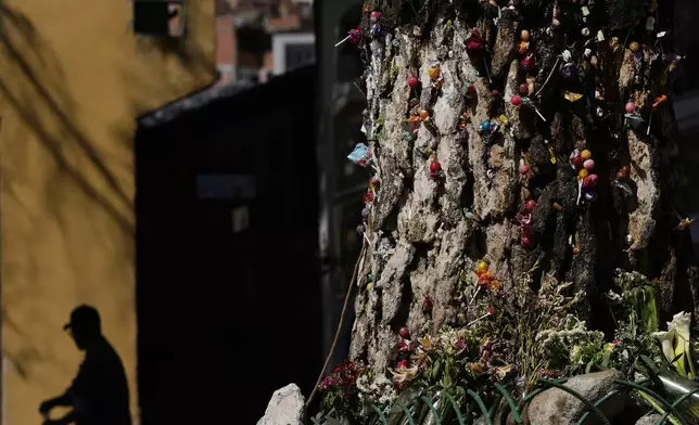 Offerings including candies and flowers left by devotees sit on a tree that was struck by lightning years ago at the General Cemetery and has since been considered sacred in La Paz, Bolivia, Sunday, Aug. 31, 2025. (AP Photo/Juan Karita)
