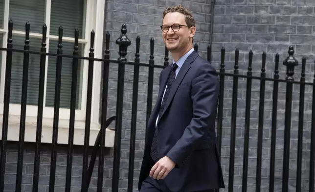 FILE - Incoming Secretary to the Treasury Darren Jones arrives at Downing Street in London, Friday, July 5, 2024. (AP Photo/Thomas Krych, file)
