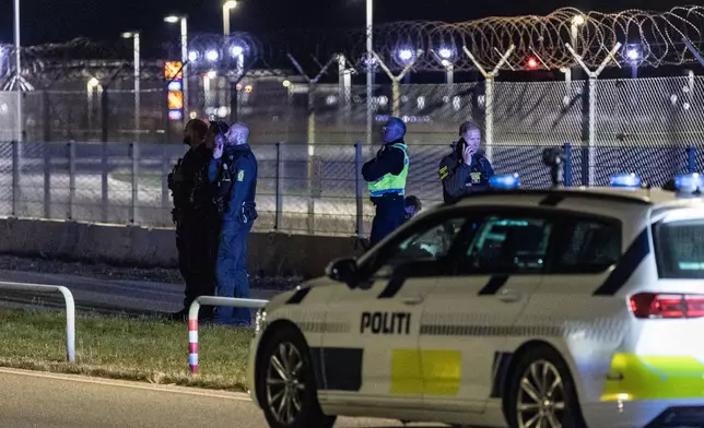 Danish police patrol at Copenhagen Airport, Denmark, Monday Sept. 22, 2025. (Steven Knap/Ritzau Scanpix via AP)