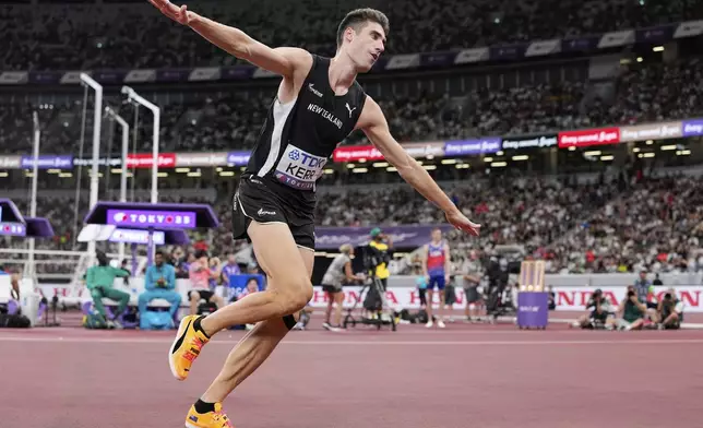 New Zealand's Hamish Kerr reacts in the men's high jump final at the World Athletics Championships in Tokyo, Tuesday, Sept. 16, 2025. (AP Photo/Ashley Landis)