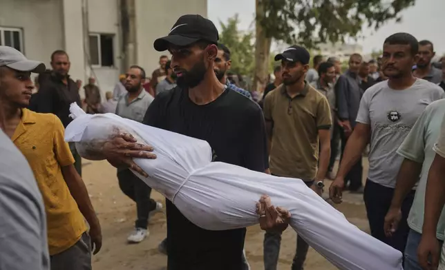 A relative carries the body of Palestinian child Muath Al-Basus, who was killed in an Israeli military strike, during his funeral outside Shifa Hospital in Gaza City, Thursday, Sept. 4, 2025. (AP Photo/Jehad Alshrafi)