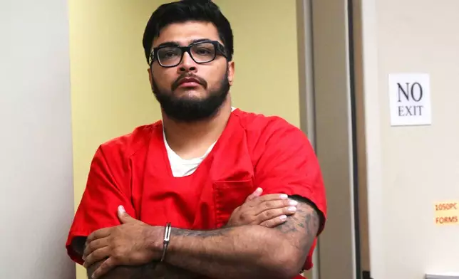 Jake Haro, charged with the murder of his son Emmanuel Haro and making a false report, appears for a hearing at Superior Court, Thursday, Sept. 4, 2025, in Riverside, Calif. where he pleaded not guilty. (Anjali Sharif-Paul/The Orange County Register via AP, Pool)