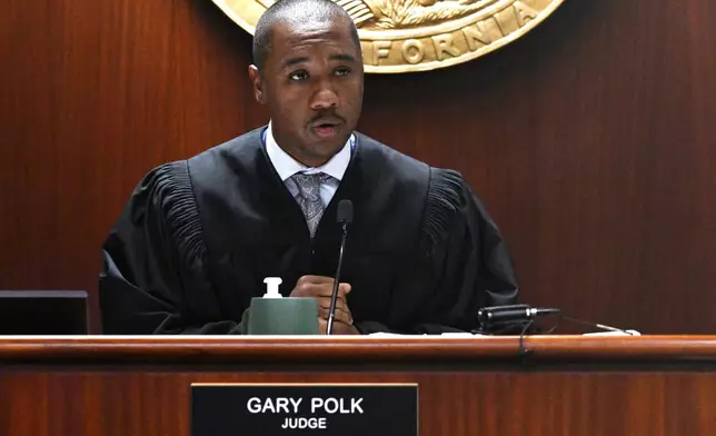 Judge Gary Polk presides during a hearing at Superior Court, Thursday, Sept. 4, 2025, in Riverside, Calif., for Jake Haro and his and his wife Rebecca Haro, who are charged with the murder of their son Emmanuel Haro and making a false report. (Anjali Sharif-Paul/The Orange County Register via AP, Pool)