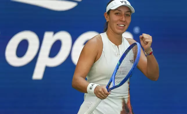 Jessica Pegula, of the United States, reacts after defeating Barbora Krejcikova, of the Czech Republic, during the quarterfinal round of the US Open tennis championships, Tuesday, Sept. 2, 2025, in New York. (AP Photo/Kirsty Wigglesworth)