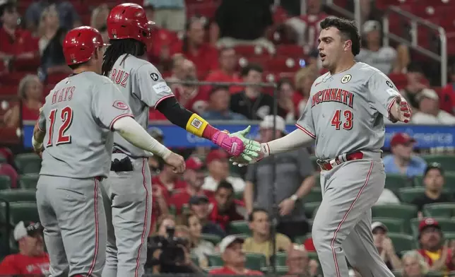 Cincinnati Reds' Sal Stewart (43), Elly De La Cruz and Austin Hays (12) celebrate after scoring on a three-run double by Tyler Stephenson during the ninth inning of a baseball game against the St. Louis Cardinals Monday, Sept. 15, 2025, in St. Louis. (AP Photo/Jeff Roberson)