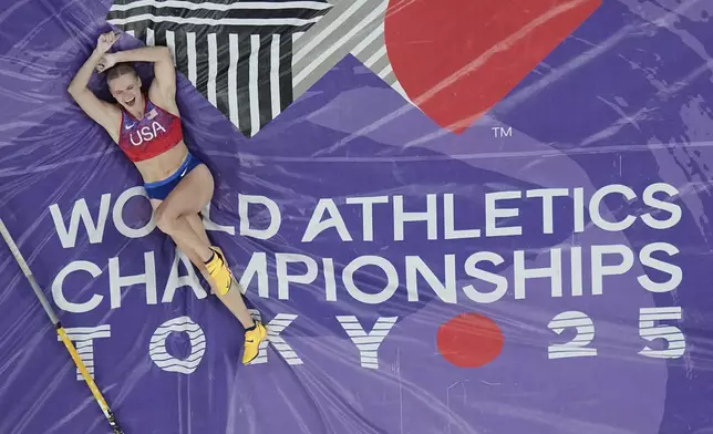 United States' Katie Moon celebrates after clearing a height to win the women's pole vault final at the World Athletics Championships in Tokyo, Wednesday, Sept. 17, 2025. (AP Photo/David J. Phillip)