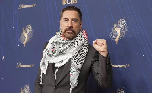 Javier Bardem arrives at the 77th Primetime Emmy Awards on Sunday, Sept. 14, 2025, at the Peacock Theater in Los Angeles. (AP Photo/Jae C. Hong)