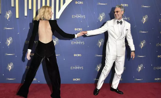 Cate Blanchett, left, and Taika Waititi arrive at the 77th Primetime Emmy Awards on Sunday, Sept. 14, 2025, at the Peacock Theater in Los Angeles. (Photo by Richard Shotwell/Invision/AP)