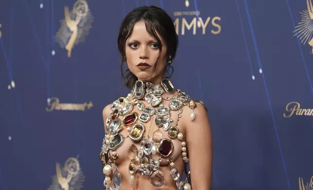 Jenna Ortega arrives at the 77th Primetime Emmy Awards on Sunday, Sept. 14, 2025, at the Peacock Theater in Los Angeles. (AP Photo/Jae C. Hong)