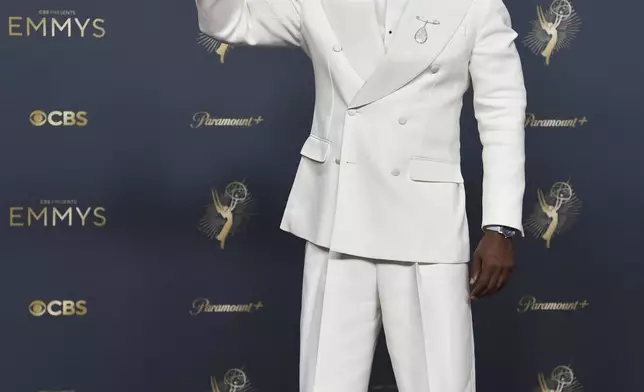 Tramell Tillman, winner of the award for outstanding supporting actor in a drama series for "Severance," poses in the press room during the 77th Primetime Emmy Awards on Sunday, Sept. 14, 2025, at the Peacock Theater in Los Angeles. (Photo by Richard Shotwell/Invision/AP)