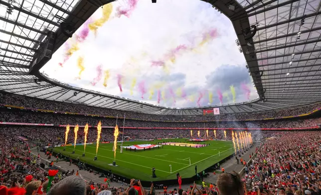 General view before the start of the Women's Rugby World Cup final match between England and Canada at the Allianz Stadium, Twickenham in London, Saturday, Sept. 27, 2025.(AP Photo/Anthony Upton)