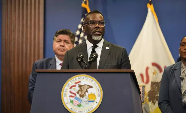 Chicago Mayor Brandon Johnson speaks during a press conference Tuesday, Sept. 2, 2025, in Chicago. (AP Photo/Kiichiro Sato)