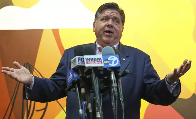 Illinois Gov. JB Pritzker speaks at a news conference after meeting with community violence intervention (CVI) leaders at an emergency response training to prepare for federal deployments in Chicago, Wednesday, Sept. 3, 2025. (AP Photo/Nam Y. Huh)