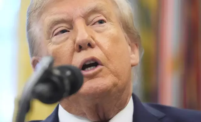 President Donald Trump speaks during an event about the relocation of U.S. Space Command headquarters from Colorado to Alabama in the Oval Office of the White House, Tuesday, Sept. 2, 2025, in Washington. (AP Photo/Mark Schiefelbein)