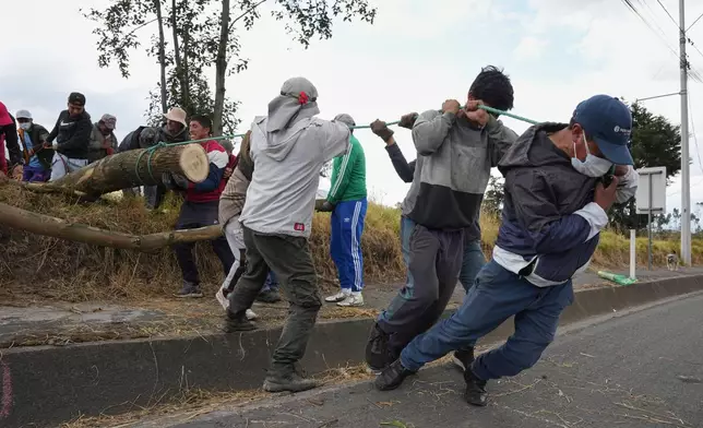 Community members move tree branches onto the Pan-American Highway to protest the government, in Otavalo, Ecuador, Monday, Sept. 22, 2025. (AP Photo/Carlos Noriega)