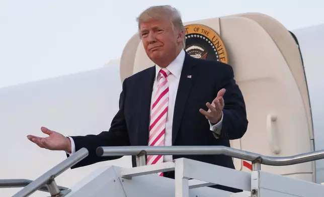 FILE - President Donald Trump steps off Air Force One after arriving at Huntsville International airport, Sept. 22, 2017, in Huntsville, Ala. President Donald Trump's administration says U.S. Space Command will be based in Alabama, reversing a Biden-era decision to keep it in Colorado. The announcement was made Wednesday. (AP Photo/Evan Vucci, File)