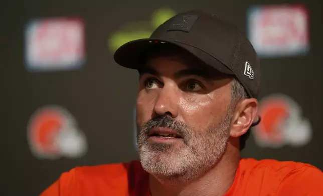 Cleveland Browns head football coach Kevin Stefanski talks after an NFL football game against the Green Bay Packers Sunday, Sept. 21, 2025, in Cleveland. (AP Photo/Sue Ogrocki)