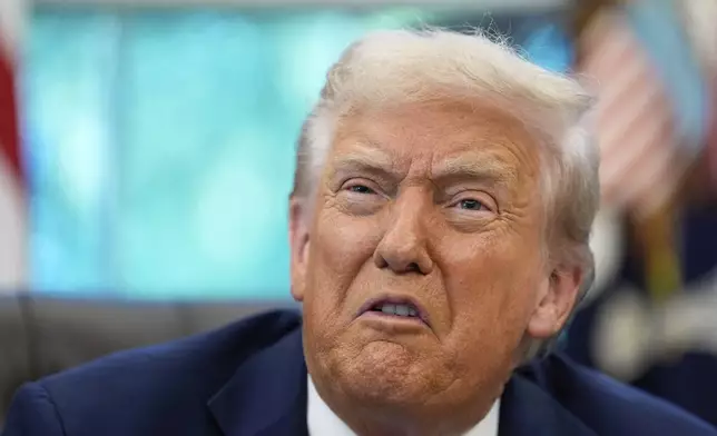 President Donald Trump speaks in the Oval Office of the White House, Friday, Sept. 19, 2025, in Washington. (AP Photo/Alex Brandon)