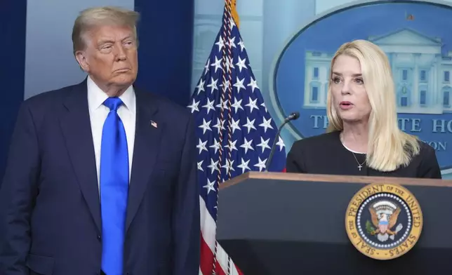 FILE - Attorney General Pam Bondi speaks to reporters as President Donald Trump listens, Friday, June 27, 2025, in the briefing room of the White House in Washington. (AP Photo/Jacquelyn Martin, File)