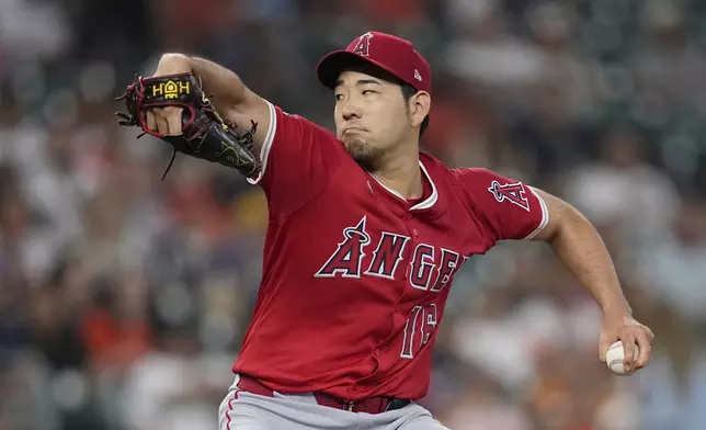 Los Angeles Angels starting pitcher Yusei Kikuchi throws against the Houston Astros during the first inning of a baseball game Monday, Sept. 1, 2025, in Houston. (AP Photo/David J. Phillip)