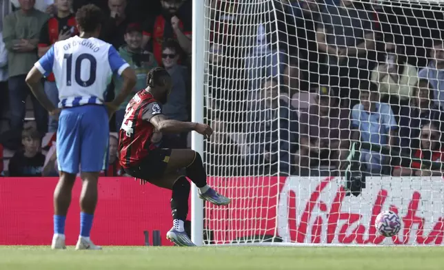 Bournemouth's Antoine Semenyo scores during the English Premier League soccer match between Bournemouth and Brighton and Hove Albion, at the Vitality Stadium, Bournemouth, England, Saturday Sept. 13, 2025. (Steven Paston/PA via AP)