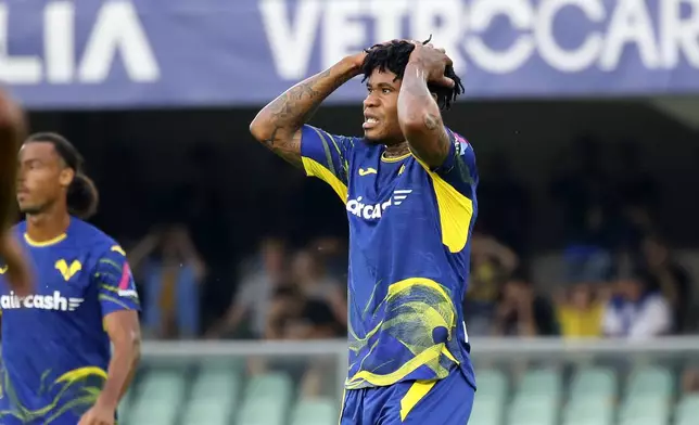 Verona's Gift Orban reacts during the Serie A soccer match between Hellas Verona and Cremonese at the Bentegodi Stadium in Verona, Italy, Monday, Sept. 15, 2025. (Paola Garbuio/LaPresse via AP)