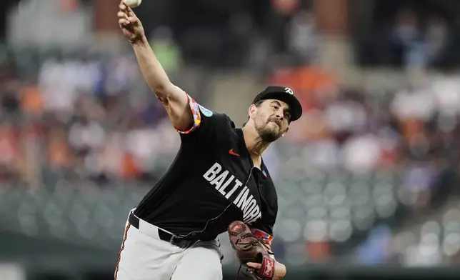 Baltimore Orioles starting pitcher Dean Kremer delivers during the first inning of a baseball game against the Los Angeles Dodgers, Friday, Sept. 5, 2025, in Baltimore. (AP Photo/Stephanie Scarbrough)