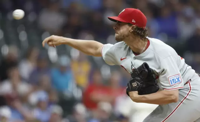 Philadelphia Phillies' Aaron Nola pitches during the first inning of a baseball game against the Milwaukee Brewers, Wednesday, Sept. 3, 2025, in Milwaukee. (AP Photo/Jeffrey Phelps)