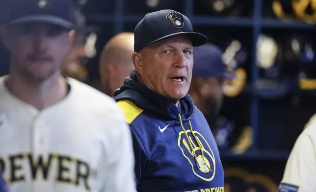 Milwaukee Brewers manager Pat Murphy looks on from the dugout before a baseball game against the Philadelphia Phillies, Wednesday, Sept. 3, 2025, in Milwaukee. (AP Photo/Jeffrey Phelps)